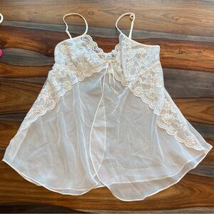 Vintage Sheer Slip Mini Dress Beaded Lace Women’s Large White Ivory
